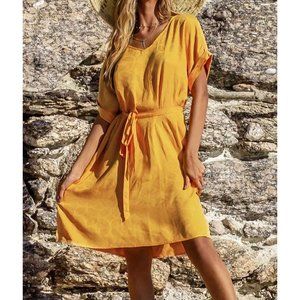 Yellow V Neck Side Slit Boho Chic Dress Size M